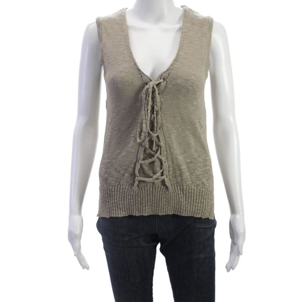 Roi Womens Beige Cotton Linen V Neck Lace Up Sleeveless Basic Vest Size XS